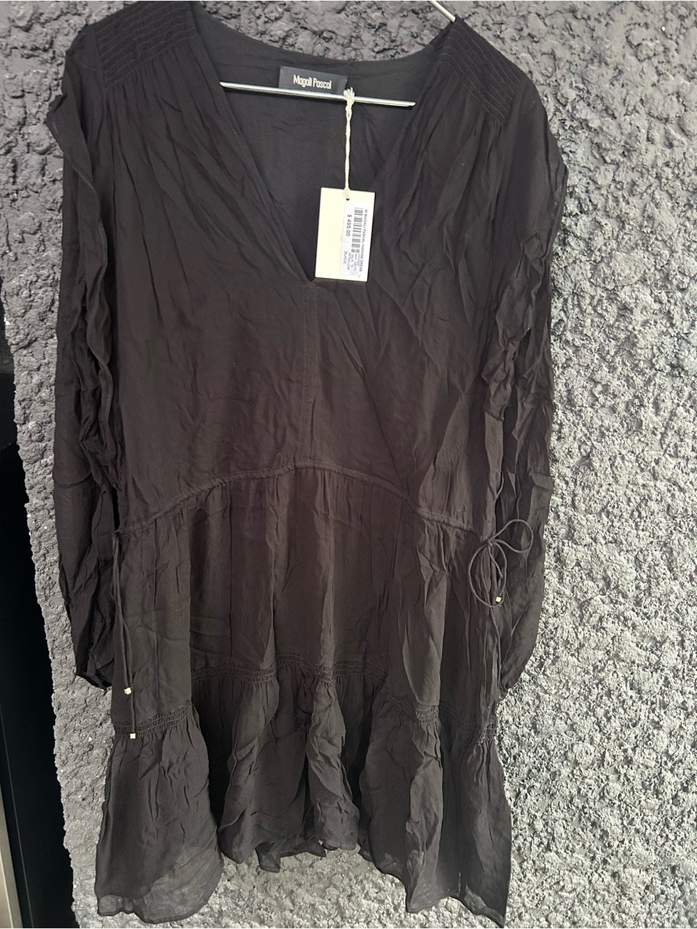 Magali Pascal Black V-Neck Tiered Mini Dress Smocked Shoulders Long Sleeve Brand